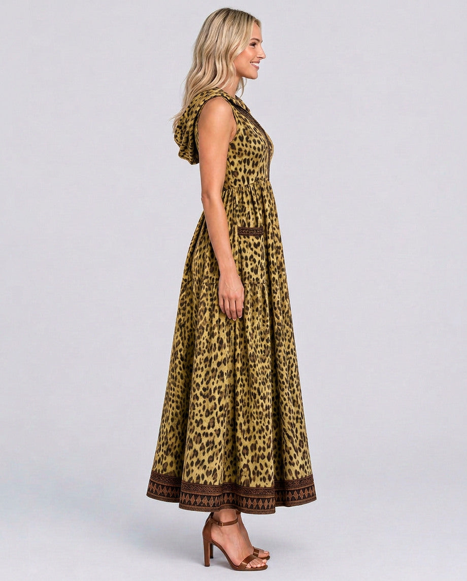 Leopard Print Hooded Maxi Dress