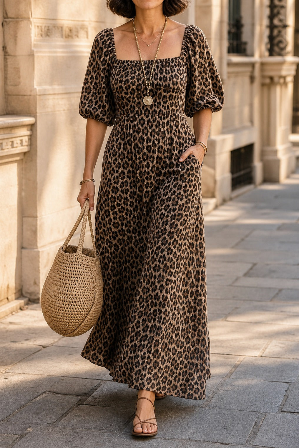 Leopard Print Puff Sleeve Maxi Dress