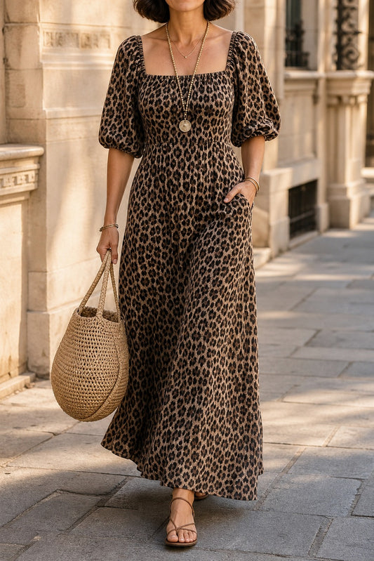 Leopard Print Puff Sleeve Maxi Dress