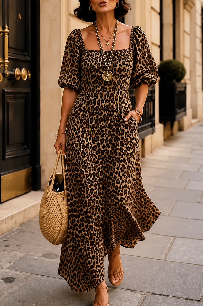 Leopard Print Puff Sleeve Maxi Dress