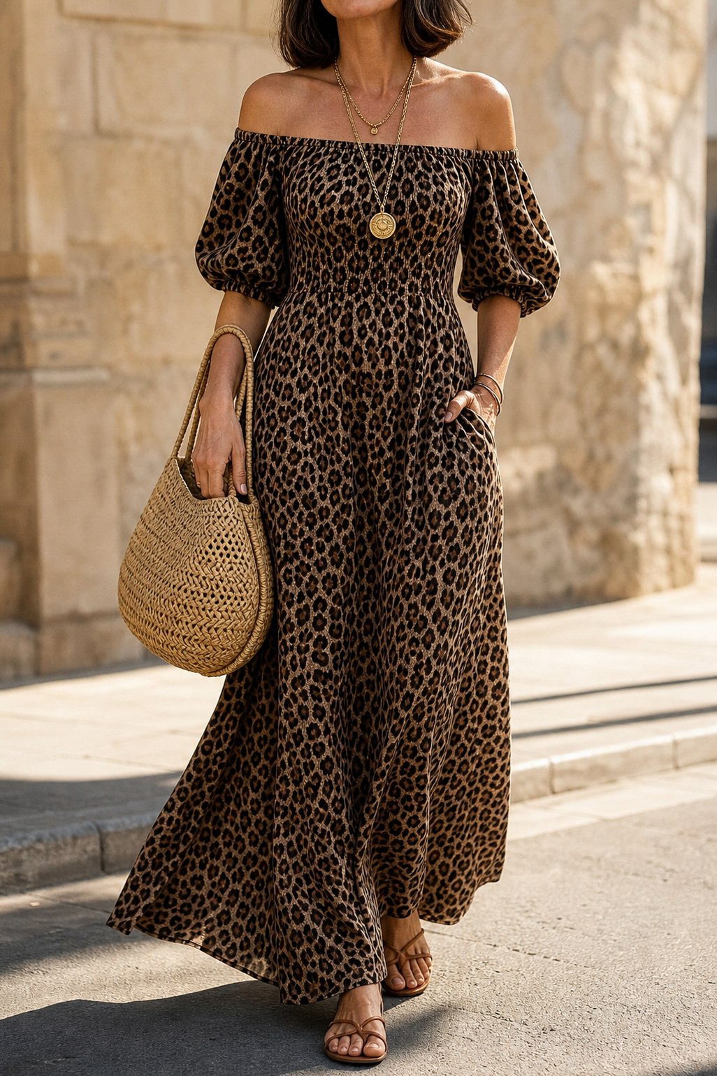 Leopard Print Puff Sleeve Maxi Dress