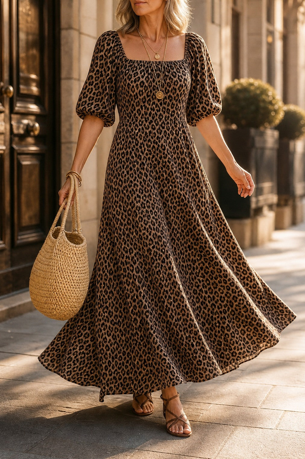 Leopard Print Puff Sleeve Maxi Dress