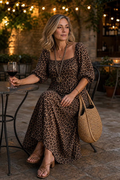 Leopard Print Puff Sleeve Maxi Dress