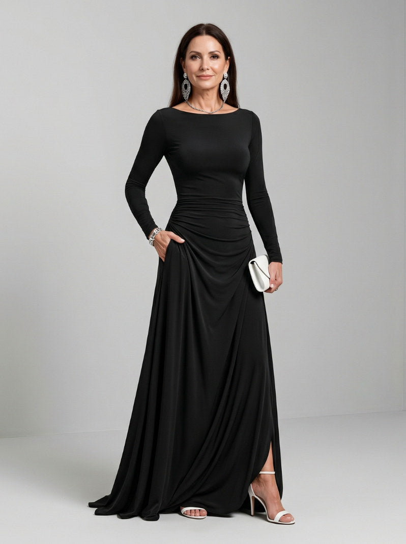Boat Neck Long Sleeve Draped Maxi Dress