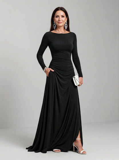 Boat Neck Long Sleeve Draped Maxi Dress