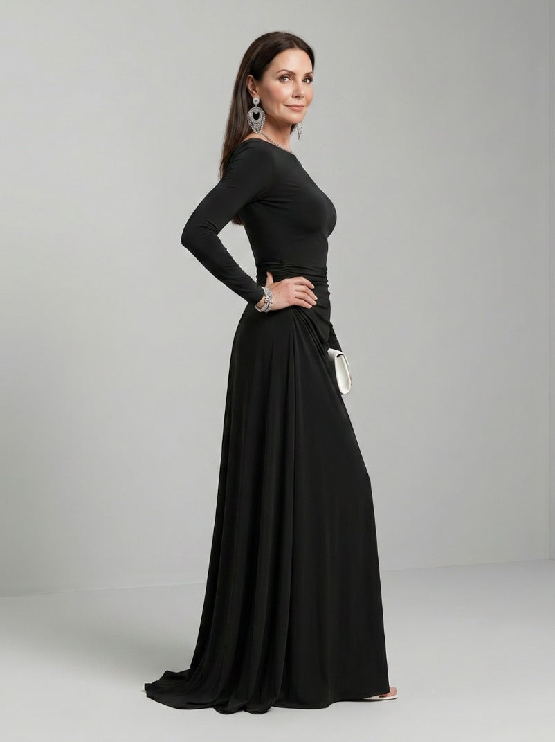 Boat Neck Long Sleeve Draped Maxi Dress