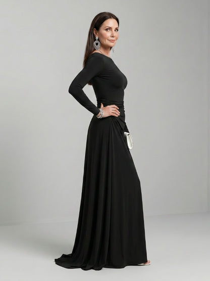 Boat Neck Long Sleeve Draped Maxi Dress