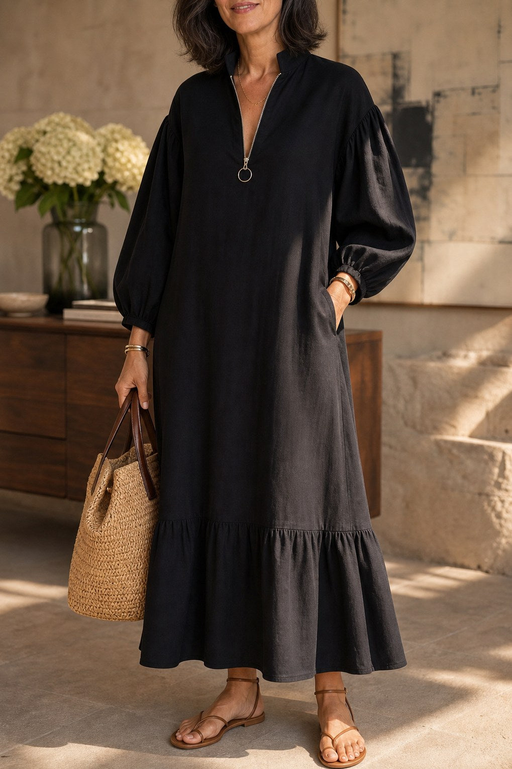 Long Sleeve Half Zip Maxi Dress