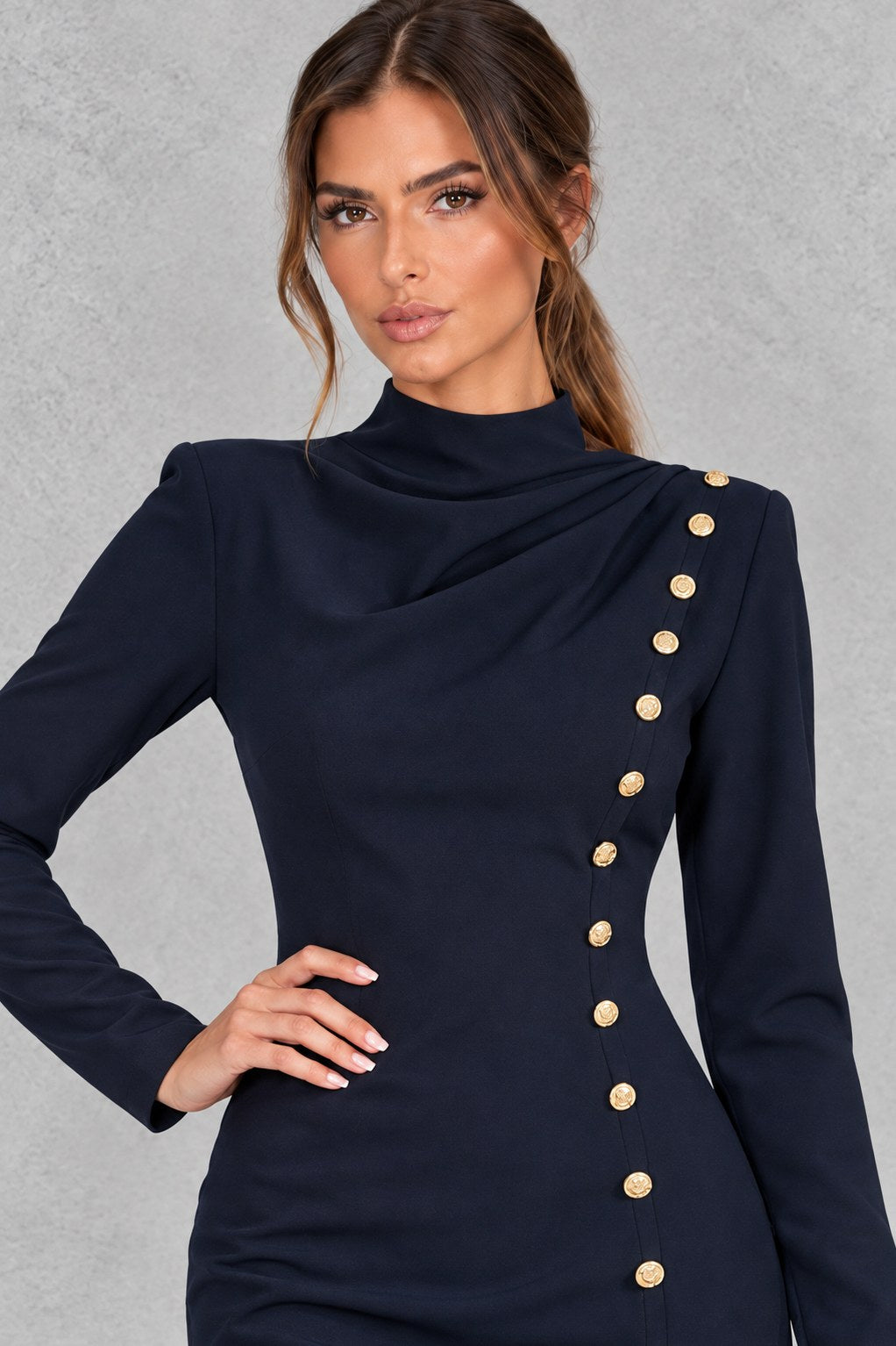 Long Sleeve High Neck Button Mini Dress