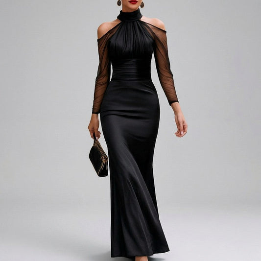 Satin Long Sleeve Cold Shoulder Mesh Sleeve Maxi Dress