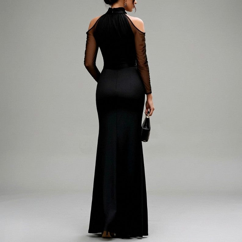 Satin Long Sleeve Cold Shoulder Mesh Sleeve Maxi Dress