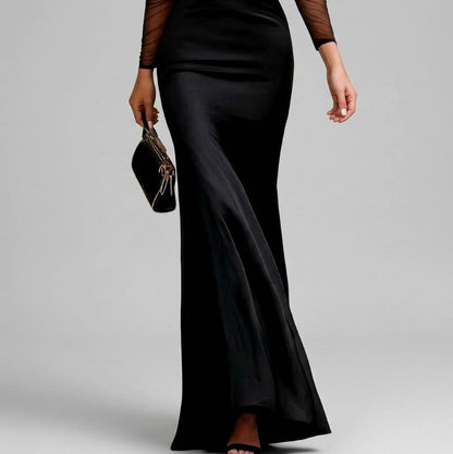 Satin Long Sleeve Cold Shoulder Mesh Sleeve Maxi Dress