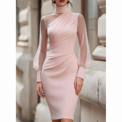 Mesh Long Sleeve Mock Neck Midi Dress