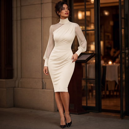 Mesh Long Sleeve Mock Neck Midi Dress