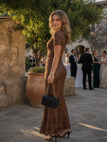 Mesh Ruched Floral Maxi Dress