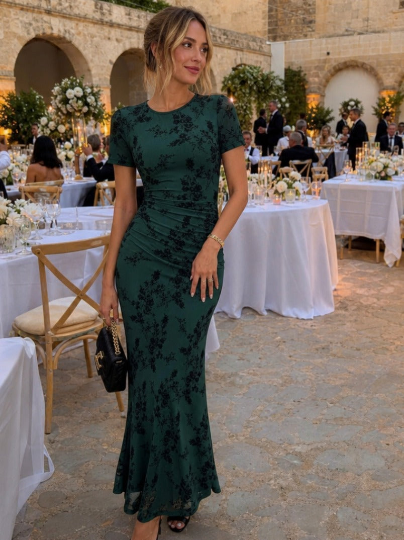 Mesh Ruched Floral Maxi Dress