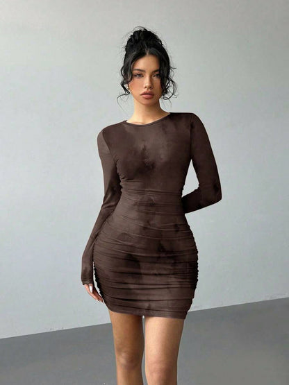 Mesh Ruched Long Sleeve Mini Dress
