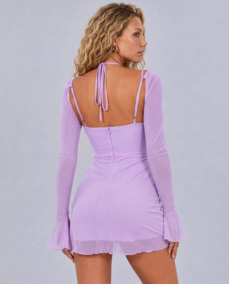 Mesh Ruched Long Sleeve Mini Dress