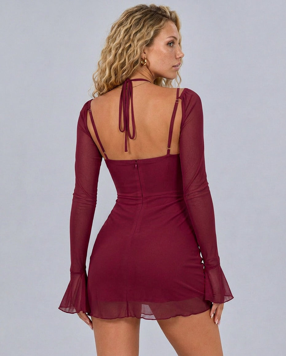 Mesh Ruched Long Sleeve Mini Dress