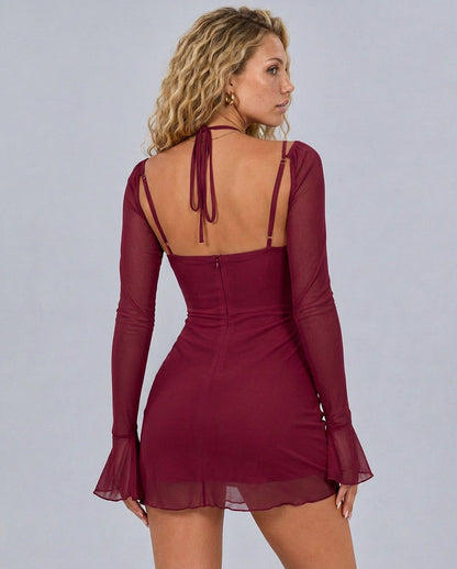 Mesh Ruched Long Sleeve Mini Dress