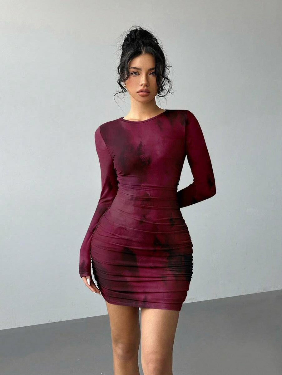Mesh Ruched Long Sleeve Mini Dress