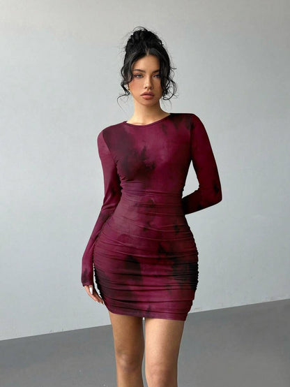 Mesh Ruched Long Sleeve Mini Dress