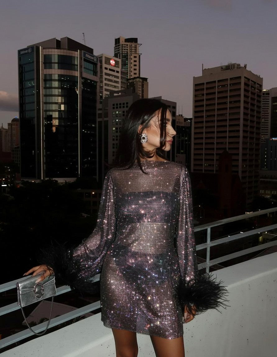 Mesh Sequin Long Sleeve Feather Cuff Mini Dress