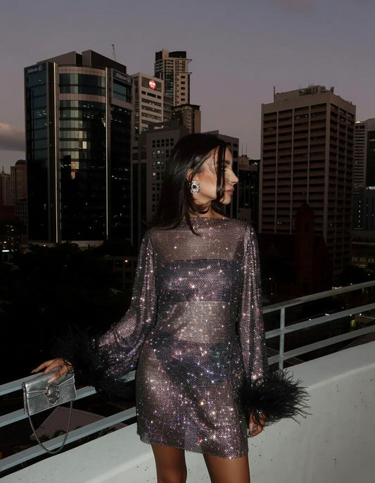 Mesh Sequin Long Sleeve Feather Cuff Mini Dress