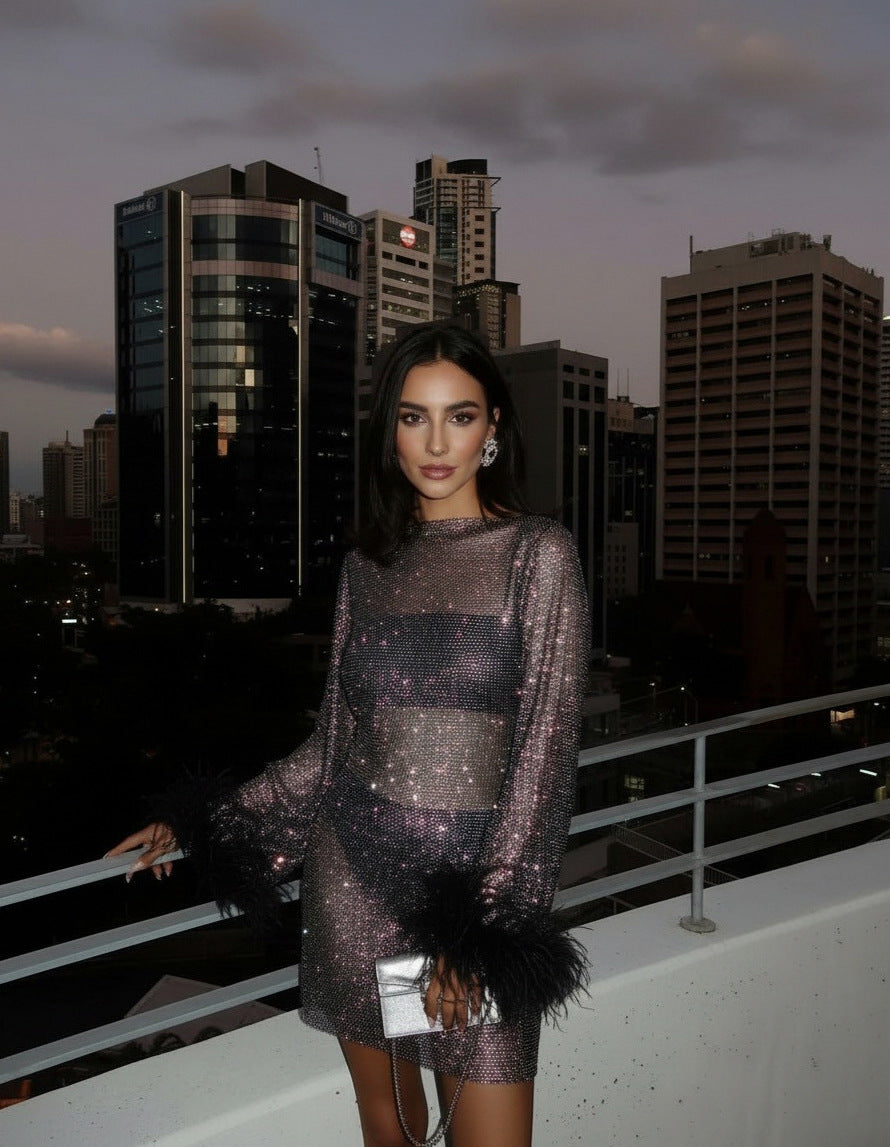 Mesh Sequin Long Sleeve Feather Cuff Mini Dress