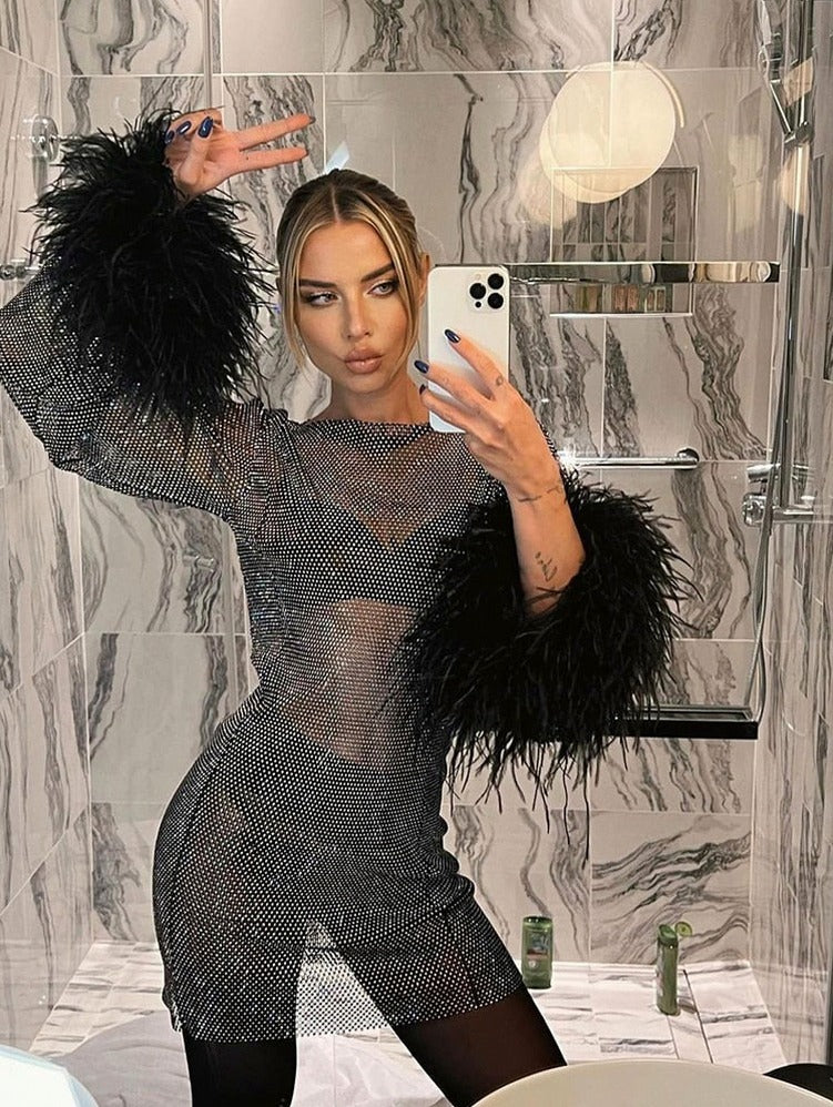Mesh Sequin Long Sleeve Feather Cuff Mini Dress