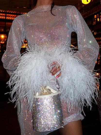 Mesh Sequin Long Sleeve Feather Cuff Mini Dress