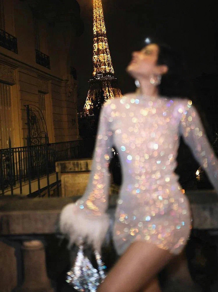 Mesh Sequin Long Sleeve Feather Cuff Mini Dress