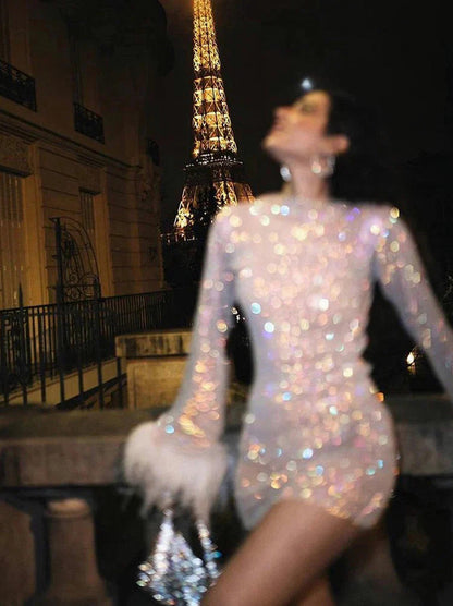 Mesh Sequin Long Sleeve Feather Cuff Mini Dress