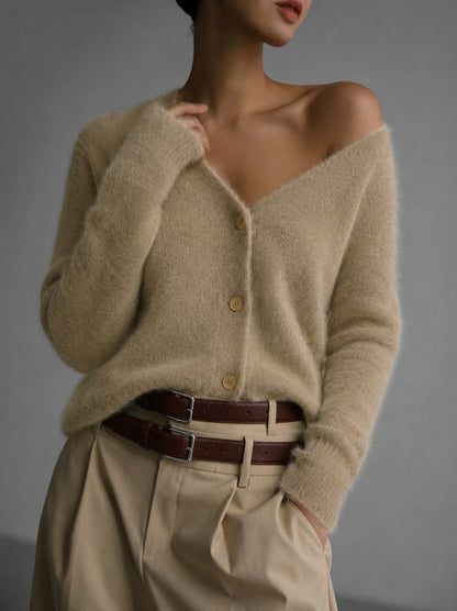 V Neck Button Front Knit Cardigan