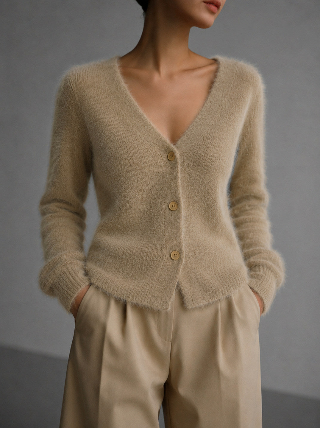 V Neck Button Front Knit Cardigan