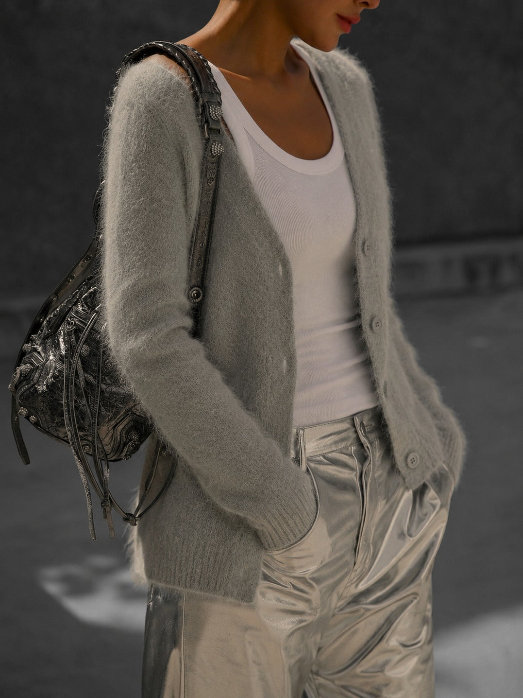 V Neck Button Front Knit Cardigan
