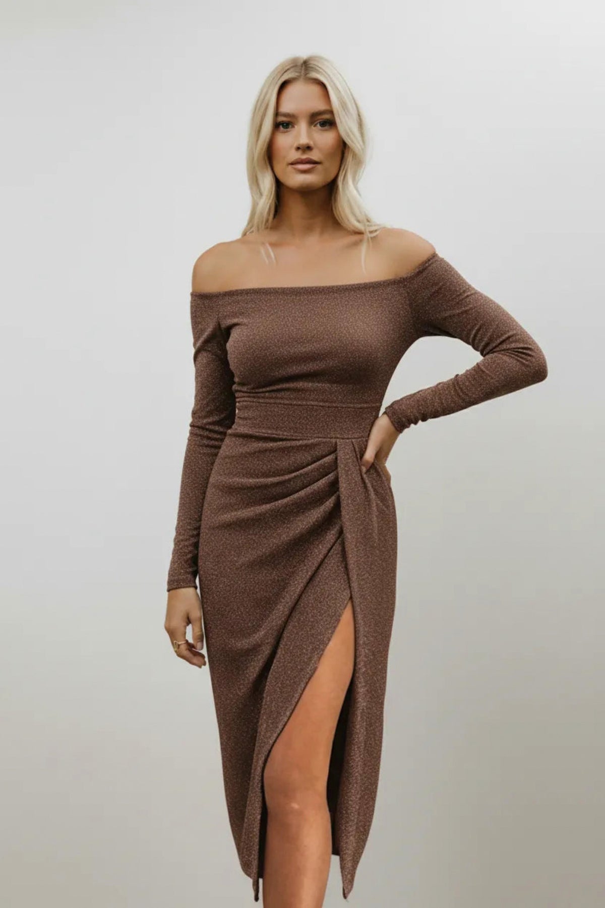 Sparkle Off Shoulder Long Sleeve Midi Dress
