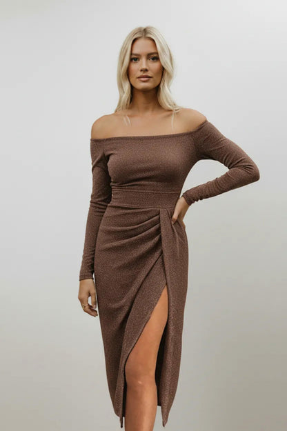 Sparkle Off Shoulder Long Sleeve Midi Dress