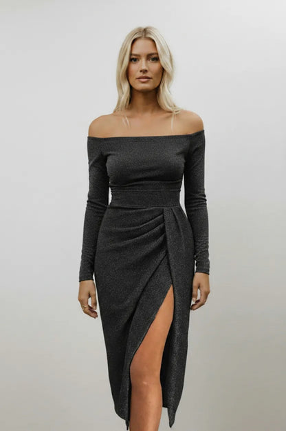 Sparkle Off Shoulder Long Sleeve Midi Dress