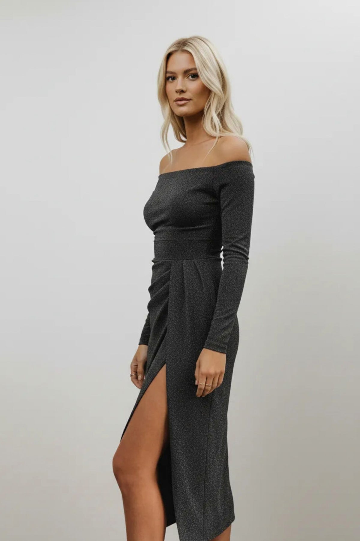Sparkle Off Shoulder Long Sleeve Midi Dress