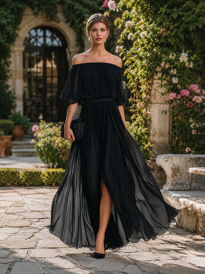 Off Shoulder Pleated Maxi Dress