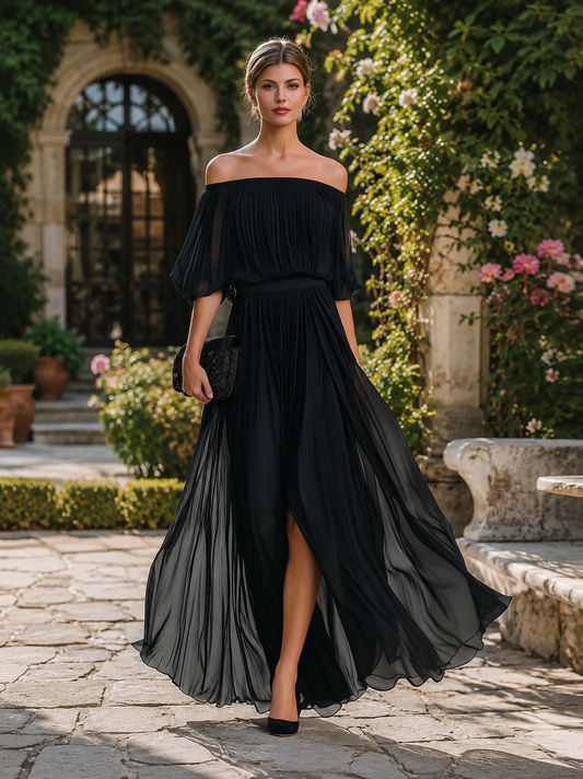 Off Shoulder Pleated Maxi Dress