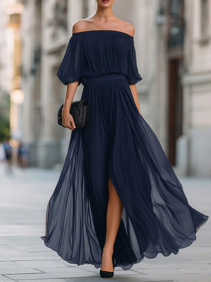 Off Shoulder Pleated Maxi Dress