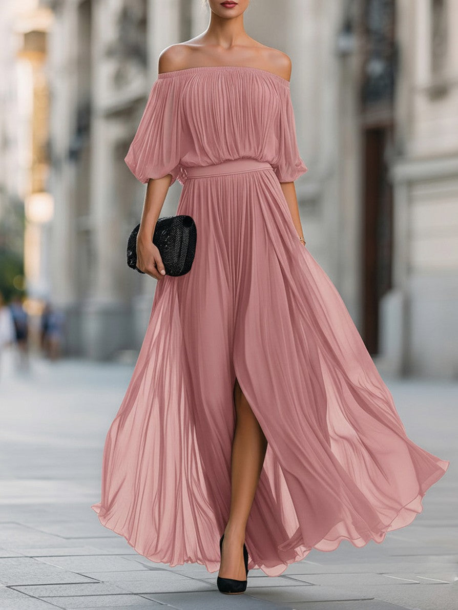 Off Shoulder Pleated Maxi Dress