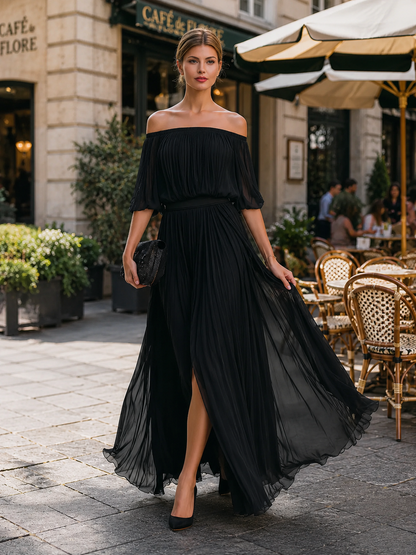 Off Shoulder Pleated Maxi Dress
