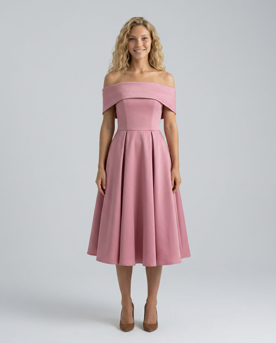 Off Shoulder Pleated Midi Dress