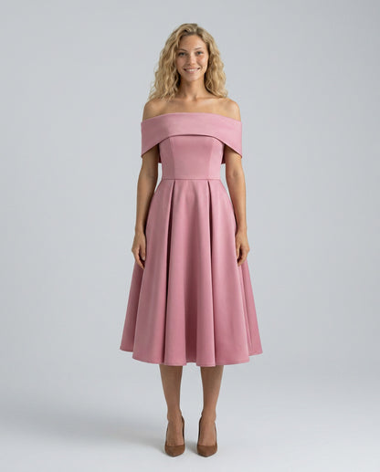 Off Shoulder Pleated Midi Dress