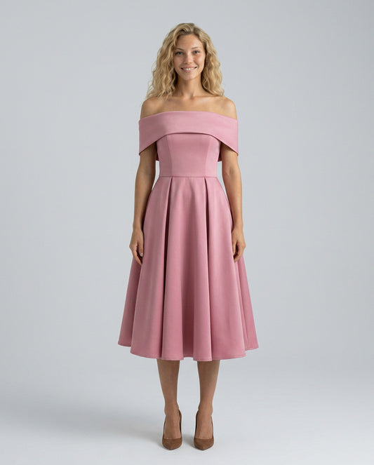 Off Shoulder Pleated Midi Dress
