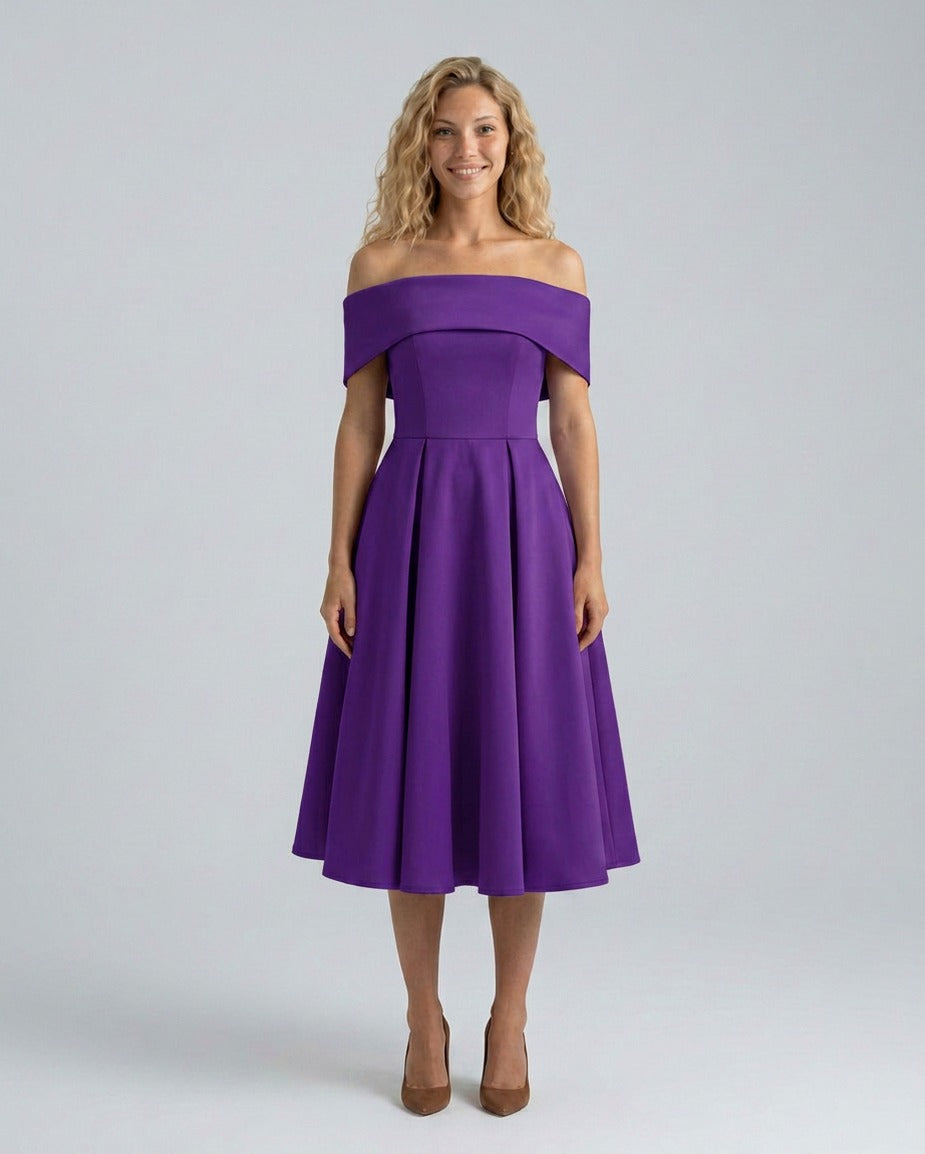 Off Shoulder Pleated Midi Dress