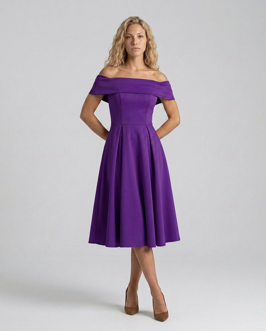 Off Shoulder Pleated Midi Dress
